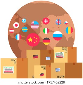 Earth with flags of world. Planet surrounded by national symbols of countries. Flags of different countries and nationalities around globe. Boxes with parcels for international delivery of goods