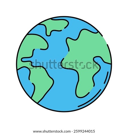 Earth Flat design style, blue and green globe with visible continents, representing our planet, ideal for environmental themes, geography, and space exploration visuals.