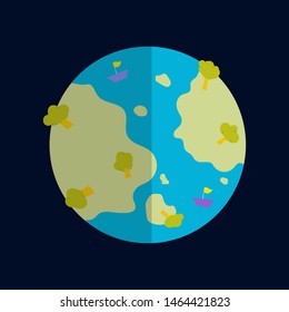 Earth flat graphic design vector on space.World with simple map.Blue Globe with trees ,ocean , island and ship.Little Planet in space