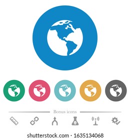 Earth flat white icons on round color backgrounds. 6 bonus icons included.