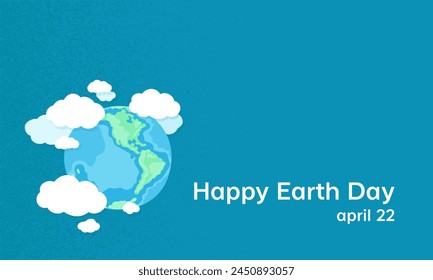 Earth and fluffy clouds on blue sky background. Vector cartoon illustration. Banner with copy space. Happy Earth Day print.