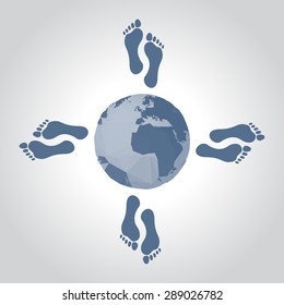 Earth And Footprints, Walking Into Different Directions, Illustration