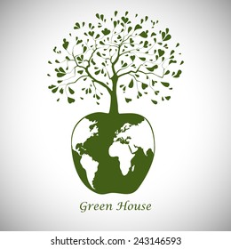 Earth in the form of an apple and a tree, stencil, flat design, vector