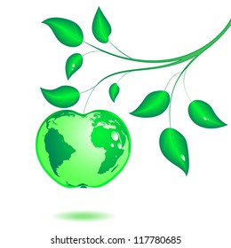  Earth in the form of green apple hangs on a branch with leaves. Vector. eps 8