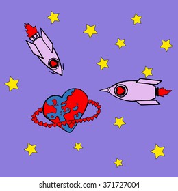 Earth in form of heart and rockets with hearts. Vector illustration.