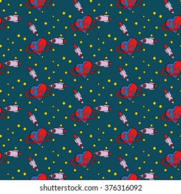 Earth in form of heart and rockets with hearts. Vector illustration. Seamless pattern.