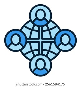 Earth and Four People vector Multipolarity concept blue icon or design element