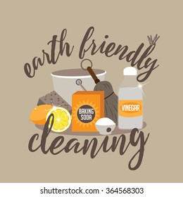 Earth friendly cleaning naturally with baking soda, vinegar and lemon flat design EPS 10 vector illustration