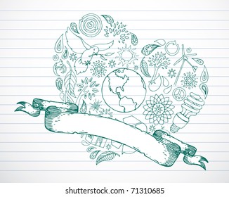 Earth friendly doodles in heart shape with blank banner.