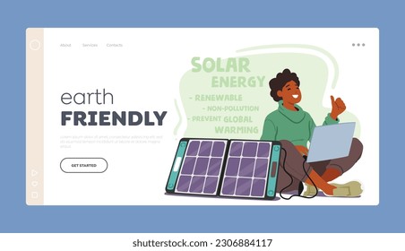 Earth Friendly Landing Page Template. Woman Character Uses Solar Energy To Power Laptop Outdoors. Cost-effective Solution For Remote Work And Productivity On The Go. Cartoon People Vector Illustration