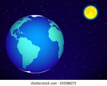 Earth and the full moon on the night sky. Elements of this image furnished by NASA 