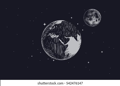 Earth with full moon in outer space.Hand drawn vector illustration