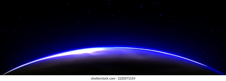 Earth in galaxy with rising sun outline edge and stars in black sky view from space. glowing horizon at dark night planet surface. Eclipse, new day beginning concept, Realistic 3d vector illustration