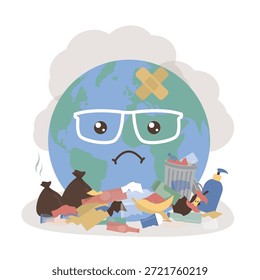 Tierra basurero. Concepto de contaminación ecológica. Mascota Tierra infeliz con basura alrededor. Guardar Guardar La tierra de la contaminación y proteger el mundo. Planeta y varios basureros. Ilustración vectorial plana