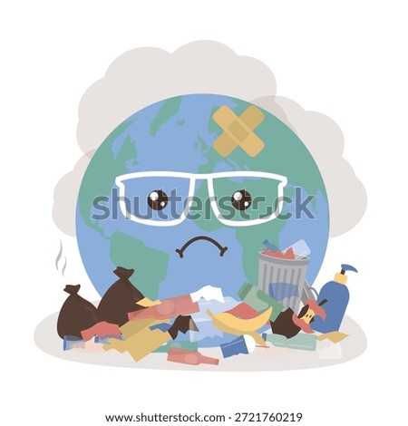 Earth garbage dump. Ecological pollution concept. Unhappy Earth mascot with garbage around. Save Earth from pollution protect and save world. Planet and various trash. flat vector illustration