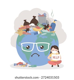 Erdmülldeponie. Unglückliches Kind bittet um Hilfe beim Aufräumen und Retten des Planeten. Umweltverschmutzungskonzept. Traurige Erde Maskottchen mit Müll herum. Planet und verschiedenen Müll. flache Vektorgrafik