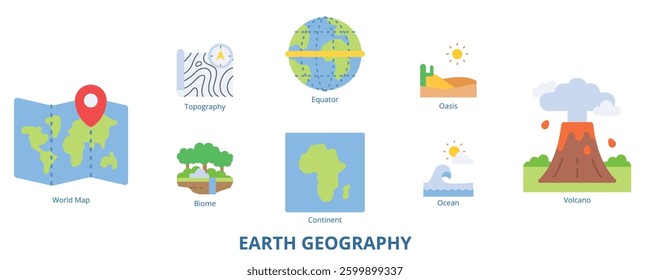 Earth Geography Flat Banner Web Icon Set Vector Illustration