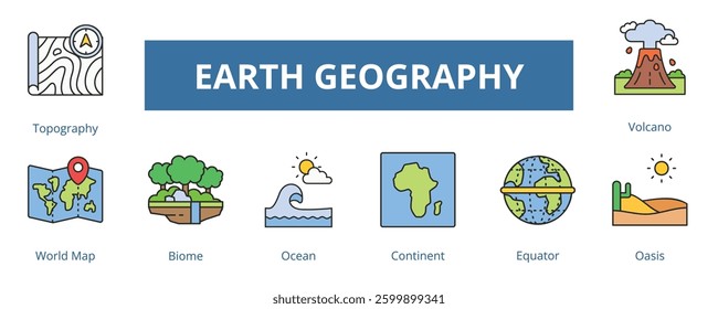 Earth Geography Lineal Color Banner Web Icon Set Vector Illustration