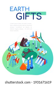 Earth Gifts - Modern Colorful Isometric Web Banner With Copy Space For Text. Industrial Equipment And Ecology Idea. Wind Turbines, Oil Pump, Solar Panels Images. Geothermal, Water Energy, Agriculture