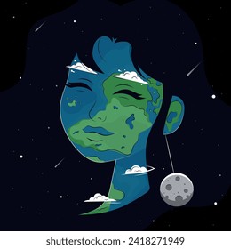 Earth girl with a moon earring and galaxy hair. Vector illustration for Earth day. World environment day.