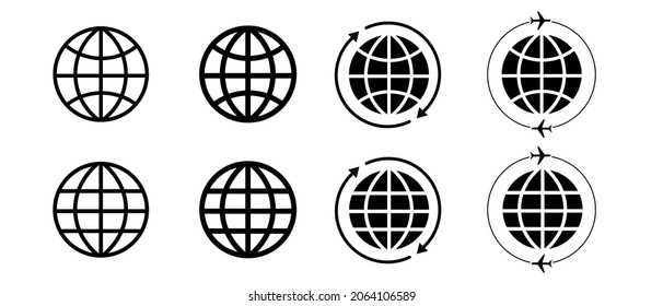 Earth Global Black and White vector icons set. Travel symbol