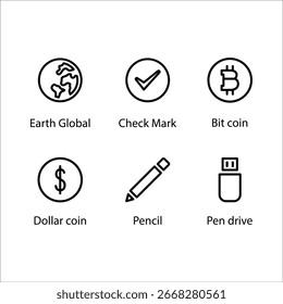 Tierra Global, Marca de verificación, Bit coin, moneda de dólar, Lápiz, Pen drive, Icono, Line icon Set