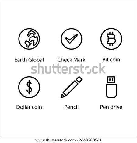 Earth Global, Check Mark, Bit coin, Dollar coin, Pencil, Pen drive, Icon, Line icon Set