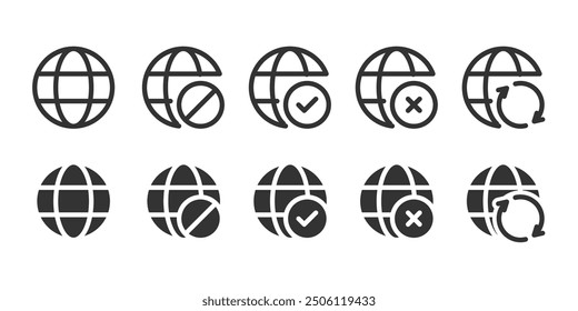 Earth global network outlined illustration with no sign, tick, cross and refresh vector icons in flat style