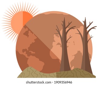 Earth global warming poster. Dried, hot and red planet globe under scorching rays of sun vector illustration. Globe suffering from global warming. Saving Earth and environmental care concept