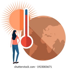 Earth global warming poster. Dried, hot, sweaty and red planet globe. Girl looking at thermometer measuring temperature of air and water on planet. Saving Earth and environmental care concept