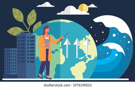 Earth global warming poster. Female teacher is talking about impact of climate change on rising water level. Visualization of human influence on weather. Lesson about ecology on planet Earth