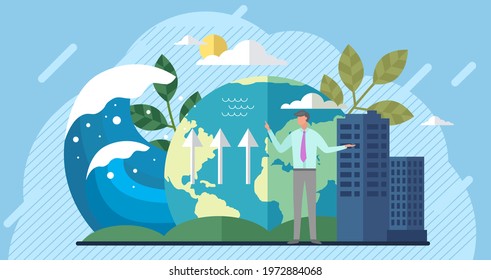 Earth global warming poster. Saving Earth and environmental care. Man talks about climate change on planet. Visualization of human influence on weather. Businessman explains change in water level