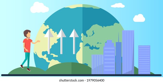 Earth global warming poster. Saving Earth and environmental care. Guy is talking about impact of climate change on rising water levels. Visualization of human influence on weather on planet