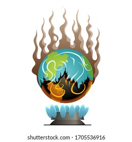 Earth global warming. Vector planet over the fire. Warning ecology poster. Concept global drought.  
