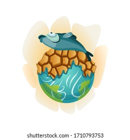 Earth global warming. Vector planet with dried up land and dead fish. Warning ecology poster. Concept global drought. Poorly globe character of cartoon earth