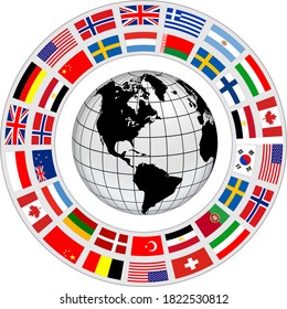 Earth globe 3D icon with a ring of flags around as international cooperation vector symbol.