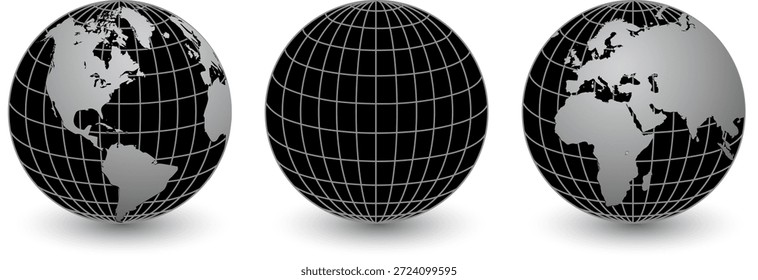 Globo terráqueo 3D iconos negro plateado, planeta tierra con meridianos y paralelos, logotipo de negocios internacionales de Vector 3D.