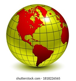 Earth globe 3D, realistic icon with parallels and meridians gold and red, vector world sphere design. 