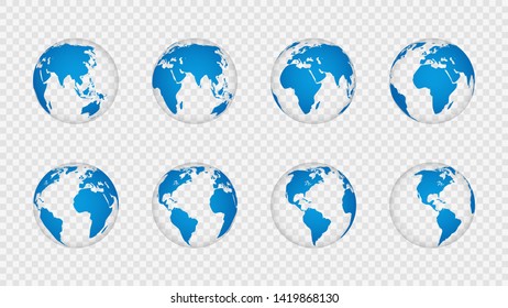 Earth globe 3d. Realistic world map globes continents. Planet with cartography texture, geography isolated on transparent vector globus set