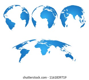 Earth globe. 3d world map with silhouette continents and oceans. Vector isolated set. Illustration of earth silhouette, asia and australia, america and europe