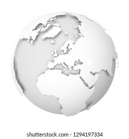 Earth globe. 3D world map with white lands dropping shadows on light grey seas and oceans. Vector illustration.