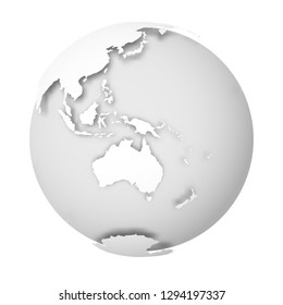 Earth globe. 3D world map with white lands dropping shadows on light grey seas and oceans. Vector illustration.
