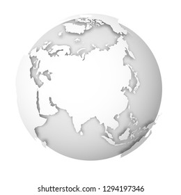 Earth globe. 3D world map with white lands dropping shadows on light grey seas and oceans. Vector illustration.