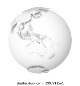 Earth globe. 3D world map with grey political map of countries dropping shadows on white seas and oceans. Vector illustration.