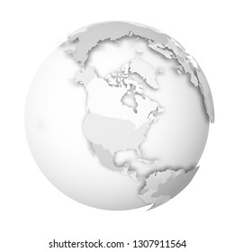 Earth globe. 3D world map with grey political map of countries dropping shadows on white seas and oceans. Vector illustration.