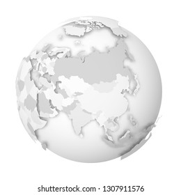 Earth globe. 3D world map with grey political map of countries dropping shadows on white seas and oceans. Vector illustration.