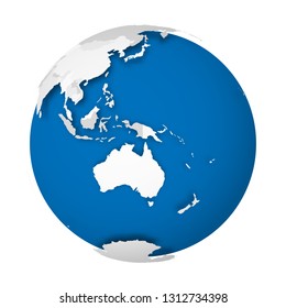 Earth globe. 3D world map with grey political map of countries dropping shadows on blue and oceans. Vector illustration.
