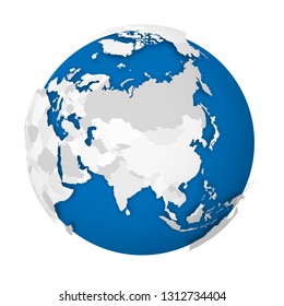 Earth globe. 3D world map with grey political map of countries dropping shadows on blue and oceans. Vector illustration.