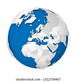 Globo terrestre. Mapa do mundo em 3D com mapa político cinza de países que deixam sombras no azul e nos oceanos. Ilustração vetorial.