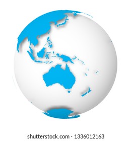 Earth globe. 3D world map with blue lands dropping shadows on white surface. Vector illustration.